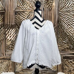 GAP Floral Sz L Embroidered 100% Cotton Gauze Cottagecore Button Front Blouse